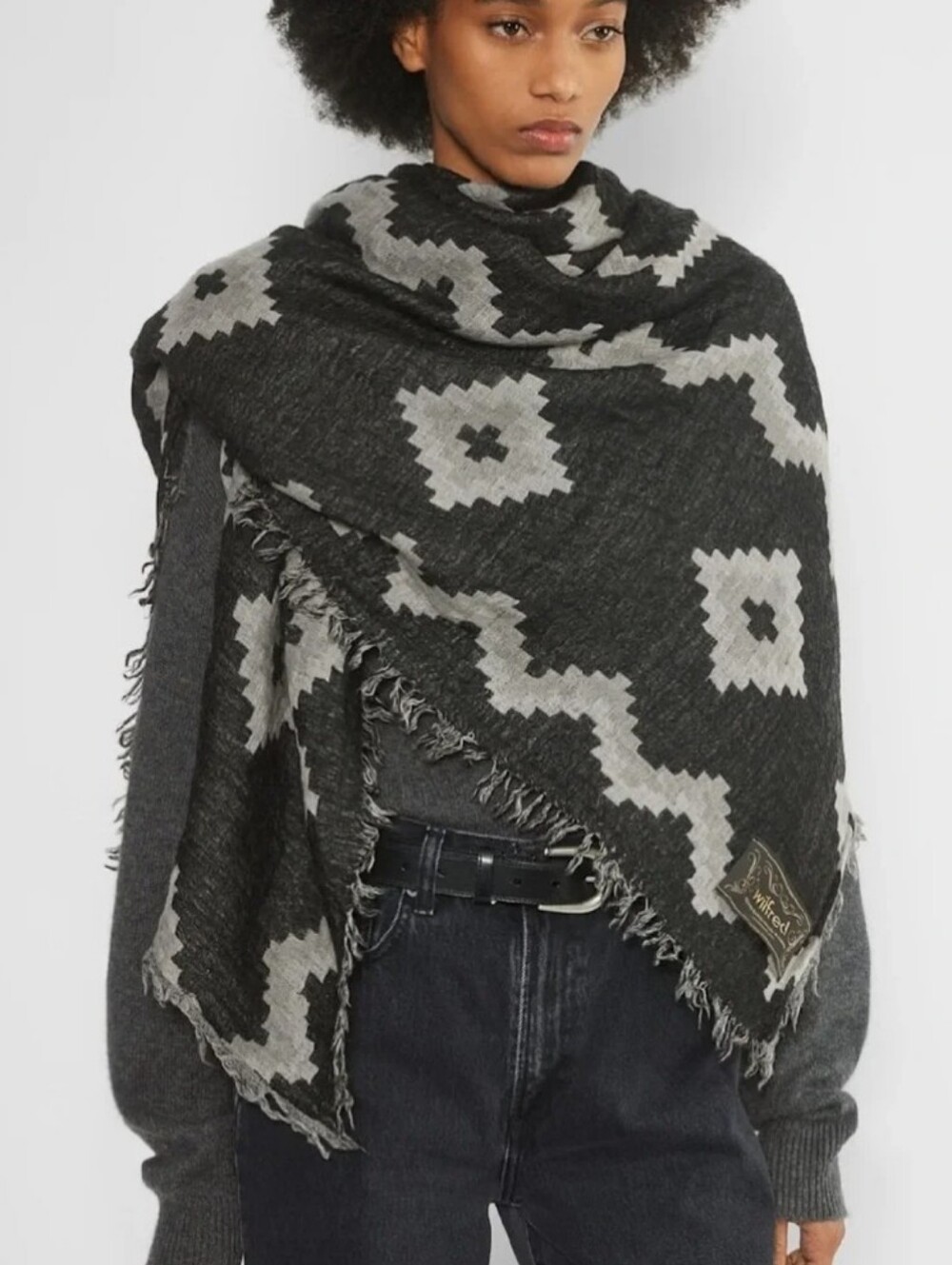 Wilfred Black & Light Gray 100% Wool Fringe Wrap  64"x‎ 52"